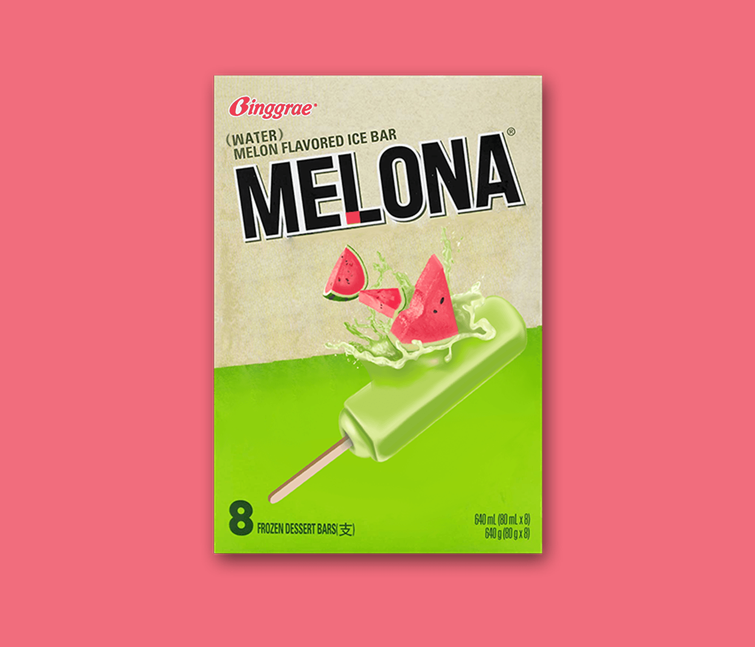 The design for the packaging of a watermelon-flavored Melona bar.
          Melona is a brand of ice pops.