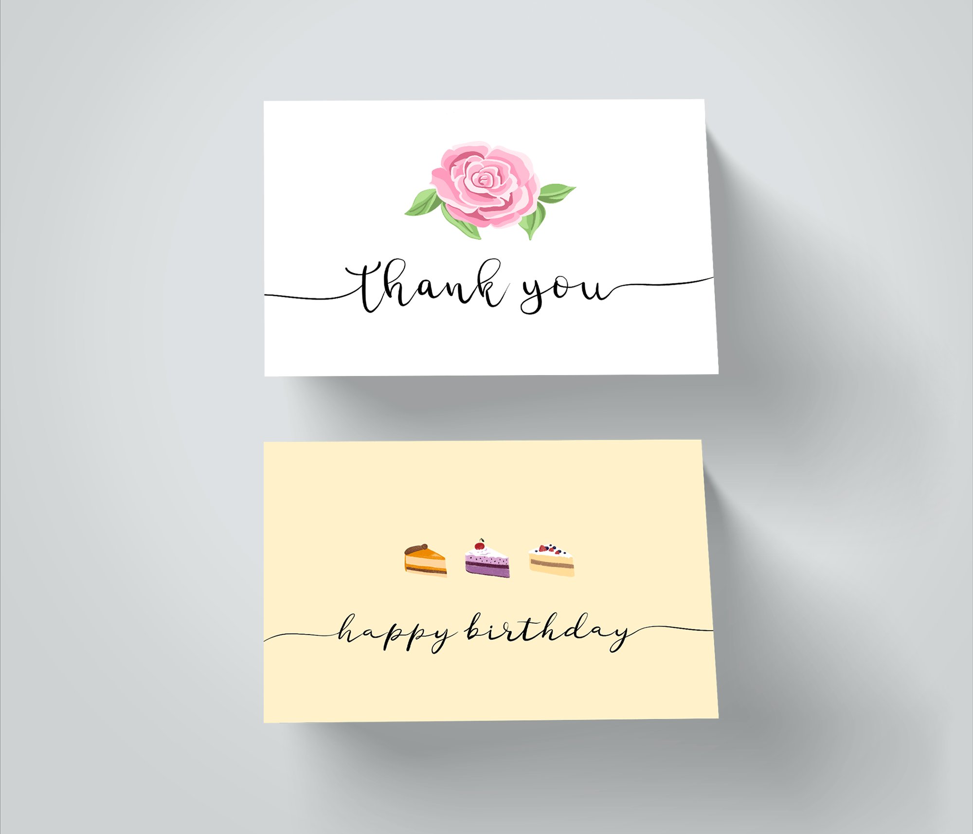 Designs for Thank You and Happy Birthday cards.